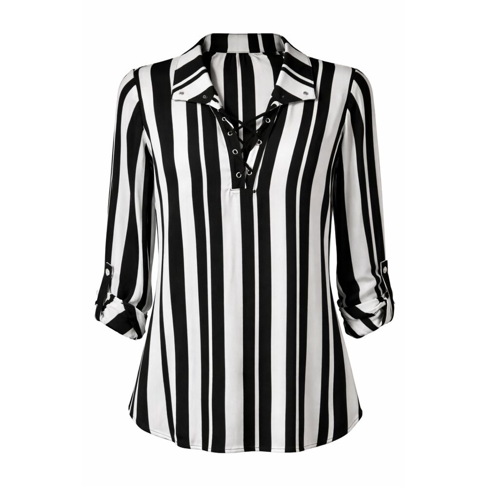 Chenault Black White Striped Blouse Women’s Large Lace Up Neck Long Sleeve Top
